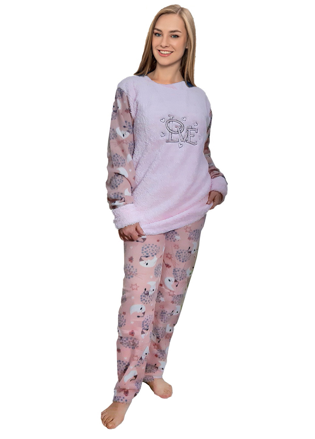 Розовая зимняя пижама домашний костюм теплый лонгслив + брюки B&B