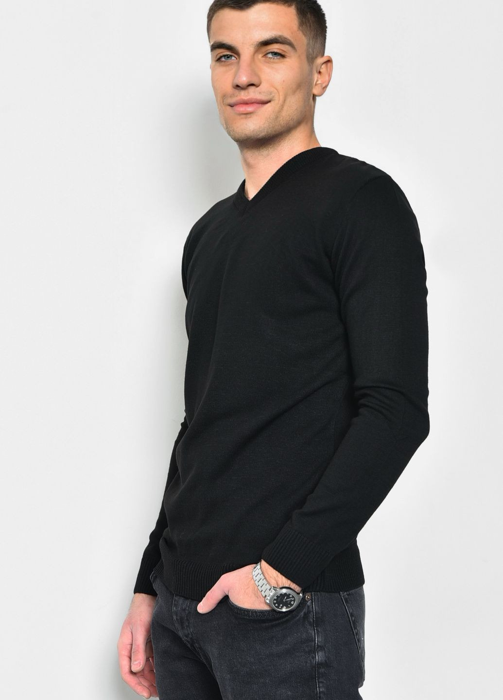 Чорний демісезонний светр чоловічий напівбатальний чорного кольору пуловер Let's Shop