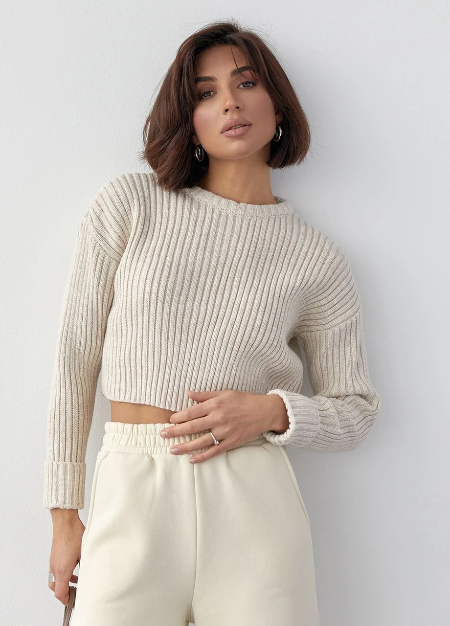 Укорочена жіноча кофта у широкий рубчик - бежевий Lurex (266555802)