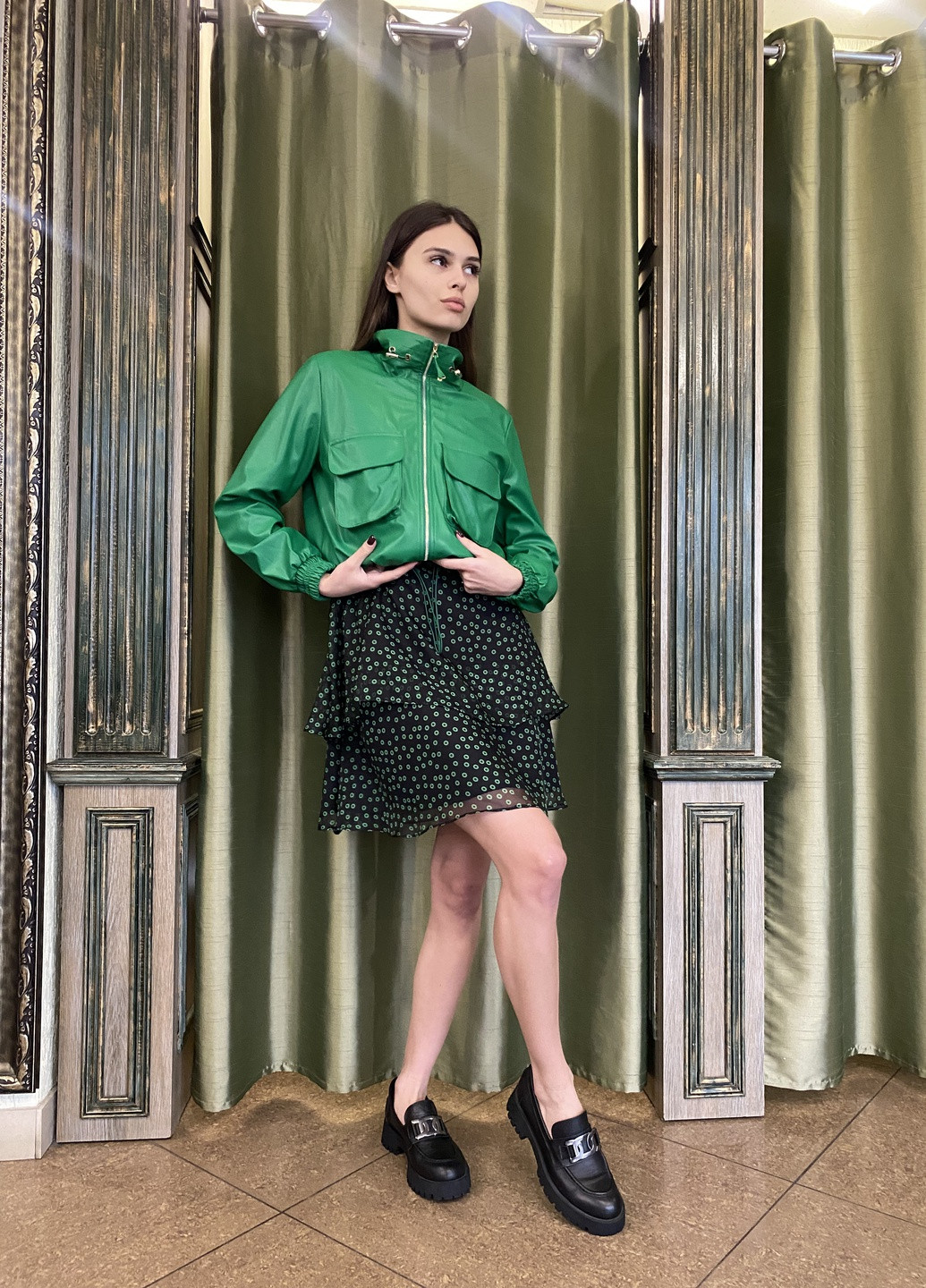 Зеленая летняя комплект куртка + платье 7275 зеленый с черным Phardi