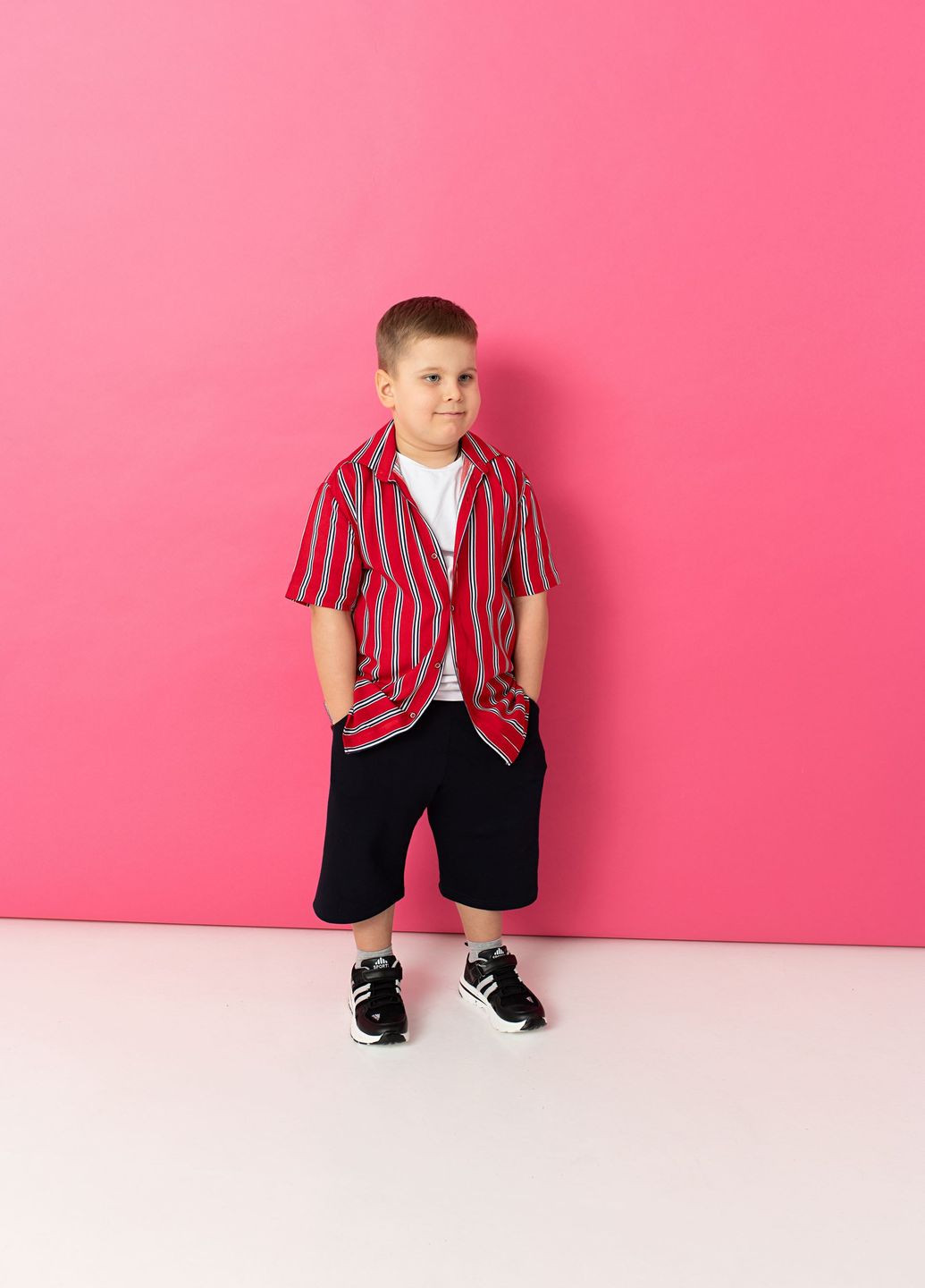 Червоний літній комплект для хлопчика сорочка + футболка + шорти червоний з чорним Yumster