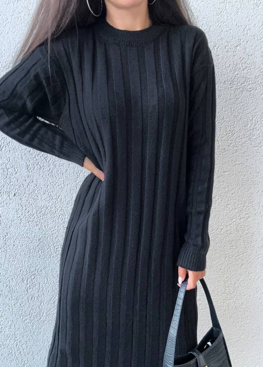 Черное повседневный, кэжуал стильное теплое вязаное платье Vakko однотонное
