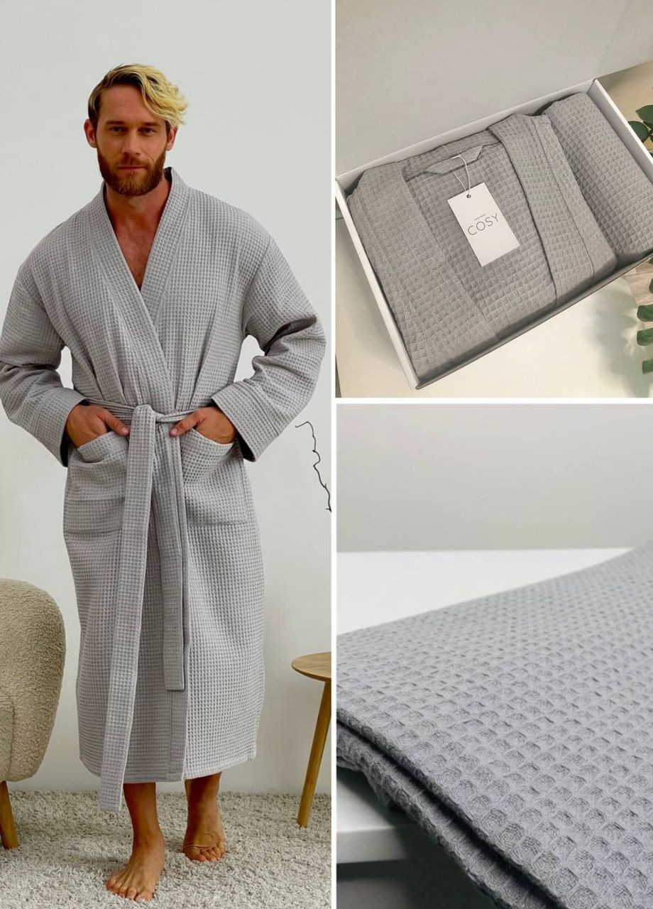 Мужской подарочный набор халат кимоно с серым полотенцем в коробке. Cosy (261853130)