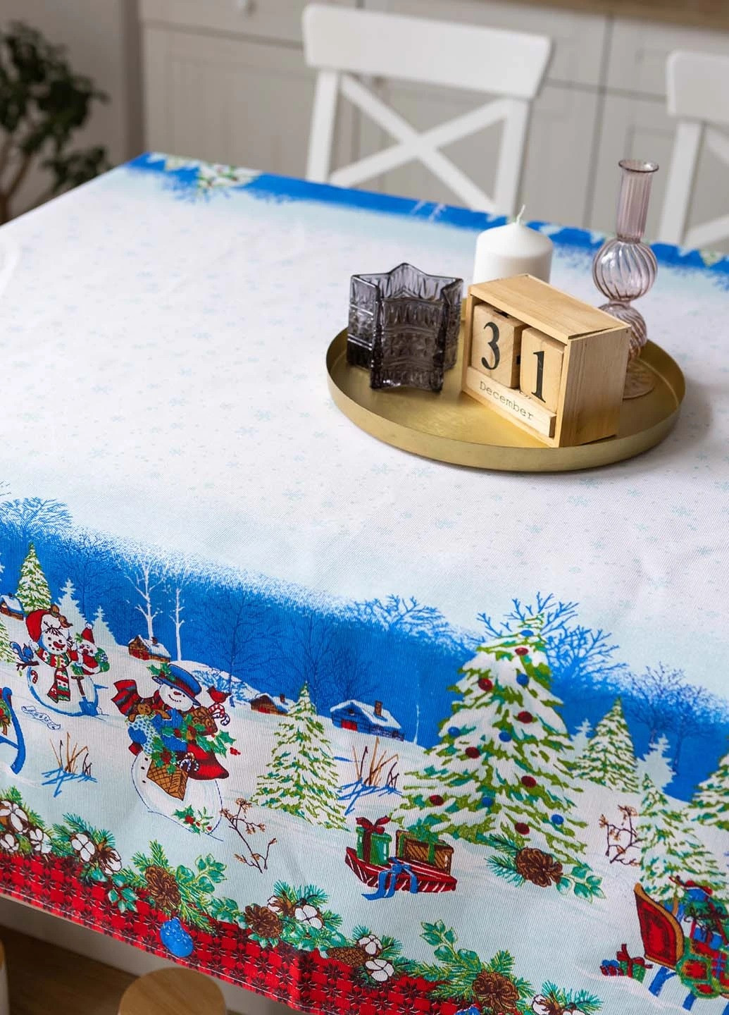 Новогодняя праздничная льняная хлопковая скатерть накидка на обеденный стол с узором 110х150 см (475716-Prob) Метель Unbranded (270363669)
