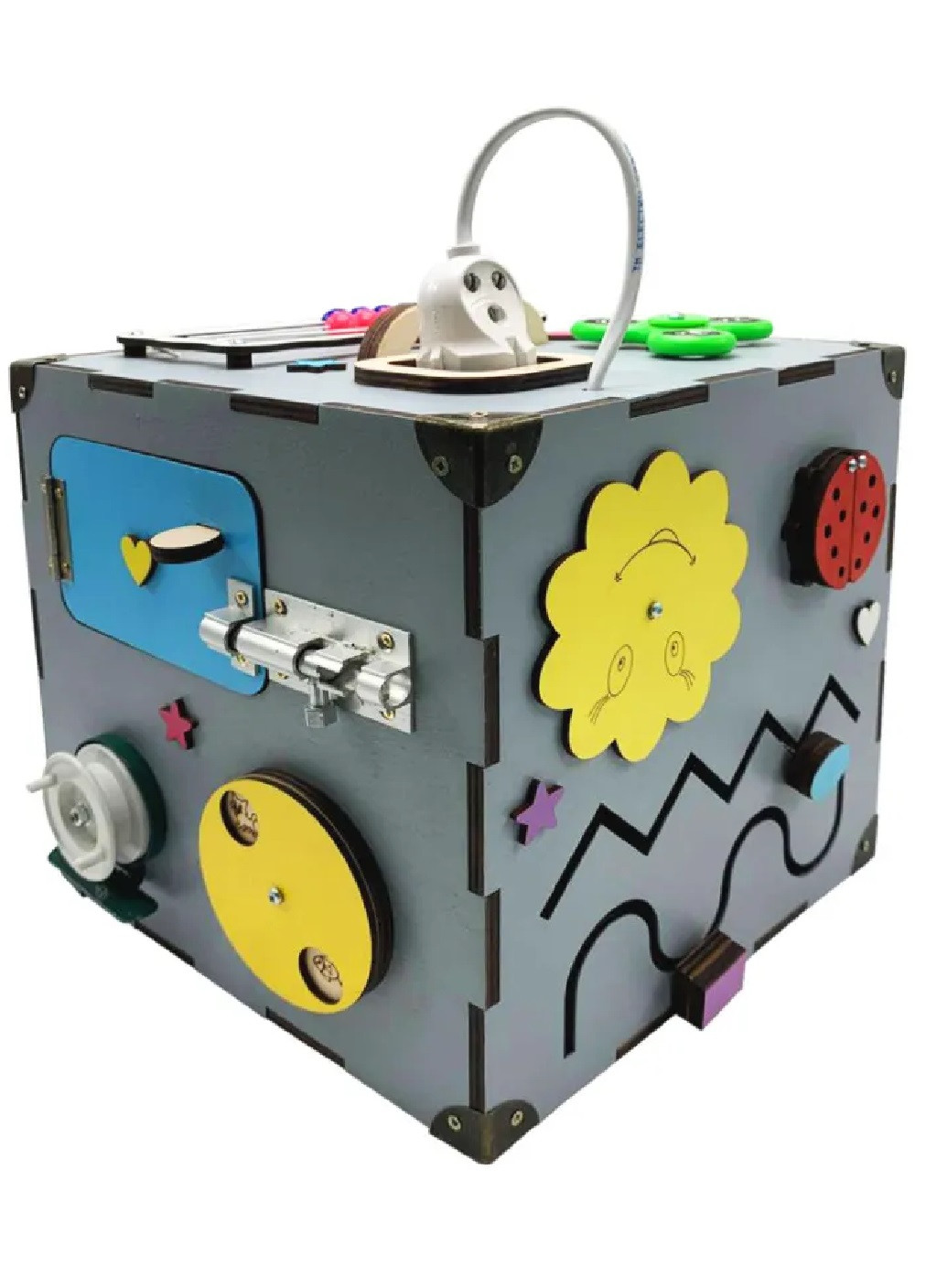 Деревянный бизикубик бизиборд кубик развивающая игрушка для детей малышей девочек мальчиков 23х23х23 см (474324-Prob) Серый Unbranded (258139932)