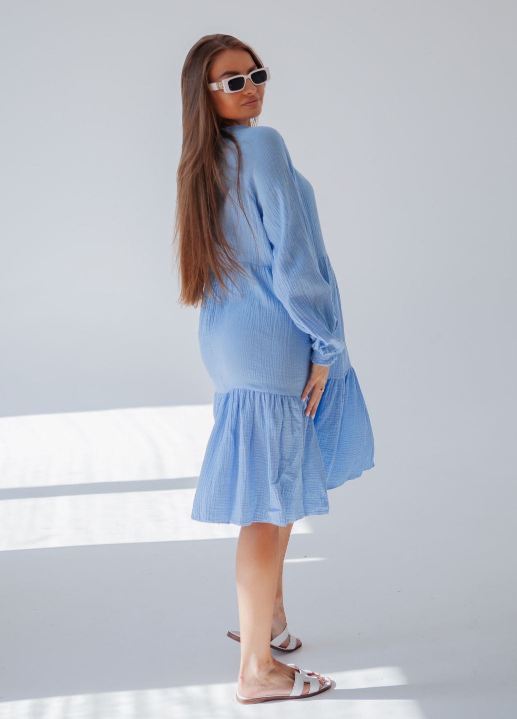 Голубое платье для беременных и секретом для кормления HN однотонное