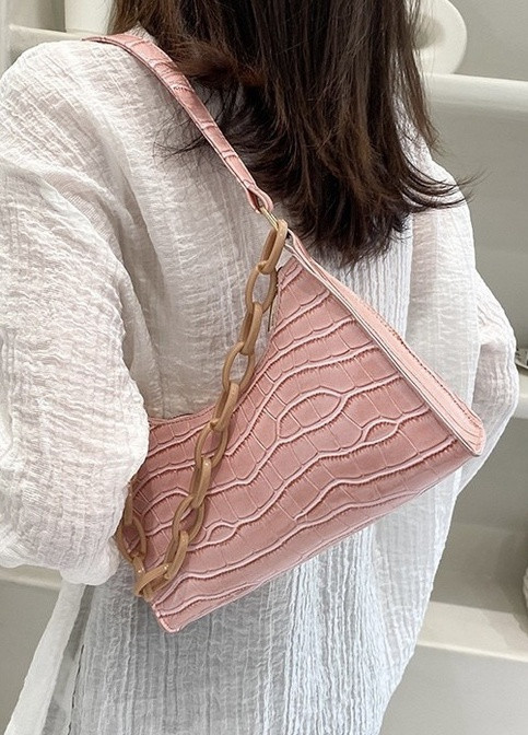 Женская маленькая сумочка через плечо багет рептилия крокодиловая кожа розовая No Brand (259470396)