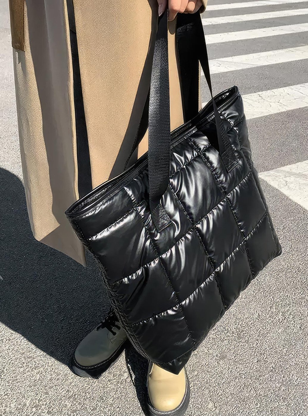 Жіноча сумка шопер стьобана нейлонова на блискавці / шопер через плече / велика сумка шопер для жінок Чорний 70144 DobraMAMA (278567942)
