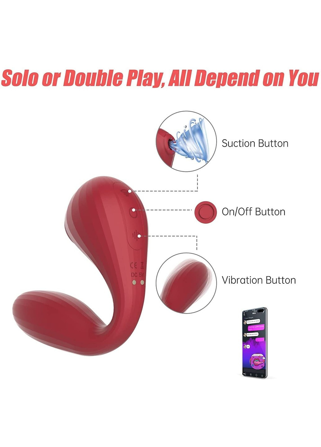 Вакуумний вагінально-кліторальний стимулятор Bobi Red, керування зі смартфона Magic Motion (276389952)