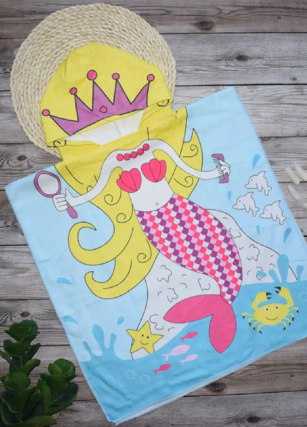 Unbranded детское пляжное полотенце пончо с капюшоном микрофибра для ванной бассейна пляжа 60х60 см (474691-prob) русалка рисунок серый производство -