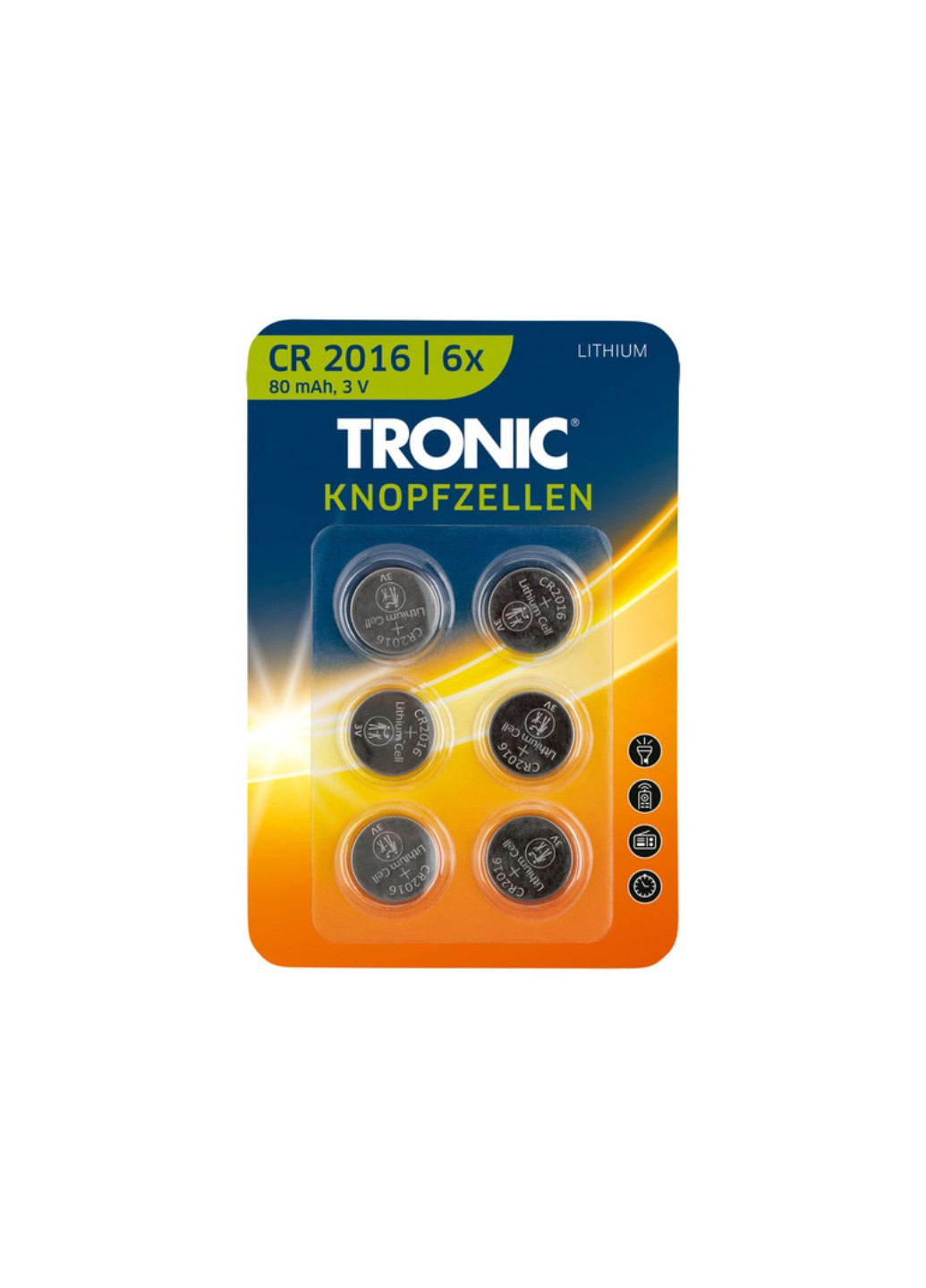 Кнопкові батареї CR 2016 6 шт. 80 мАг Tronic (259109508)