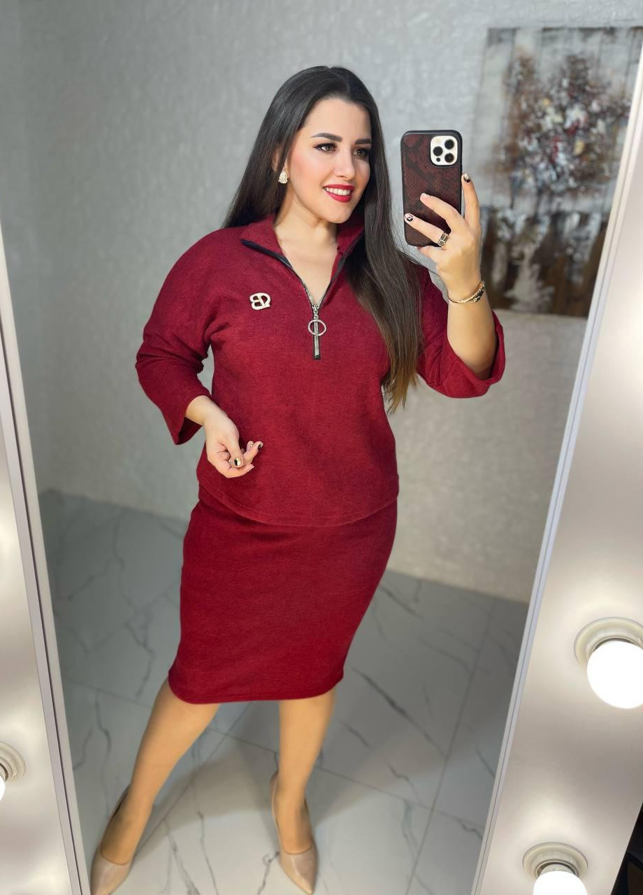 Жіночий ангоровий костюм кофта та спідниця бордового кольору р.46/48 387163 New Trend (258685973)
