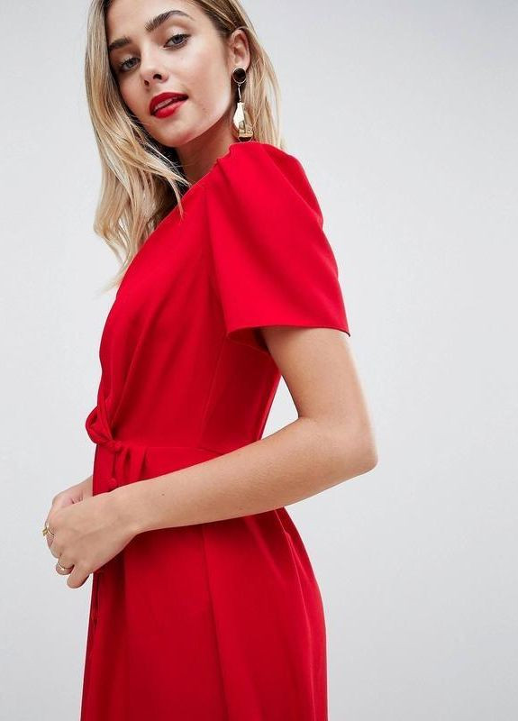 Красное праздничный, коктейльное, вечернее бархатное платье с открытыми плечами и завязками design Asos