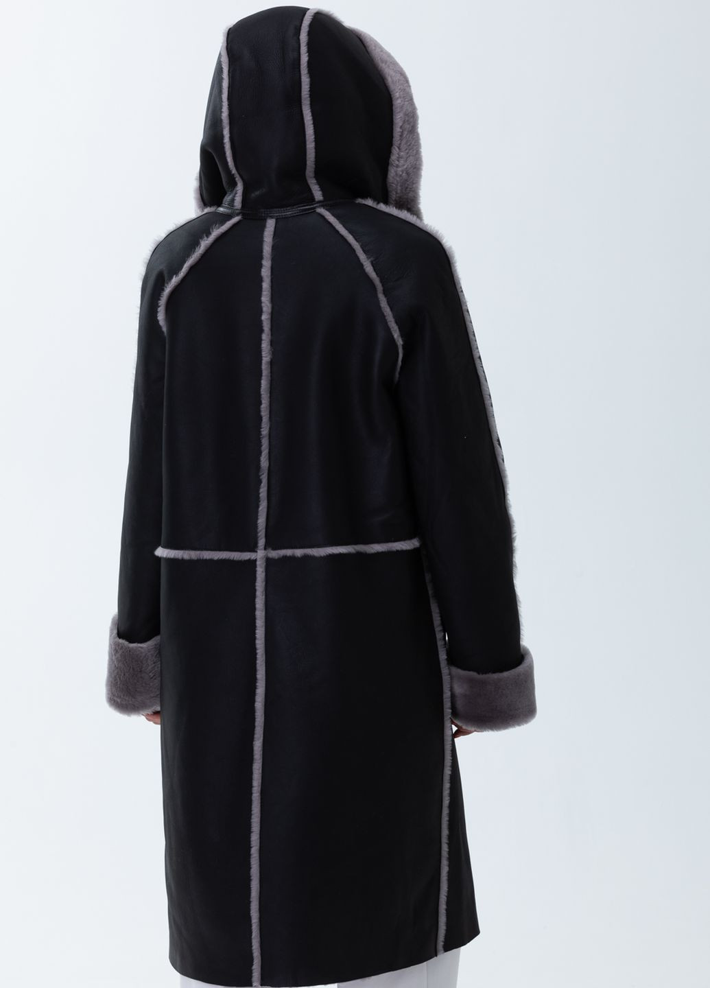 Длинная Удлиненная черная с серым Женская Натуральная Кожаная Дубленка овчина Зима Осень с капюшоном i-92 Actors (265212929)