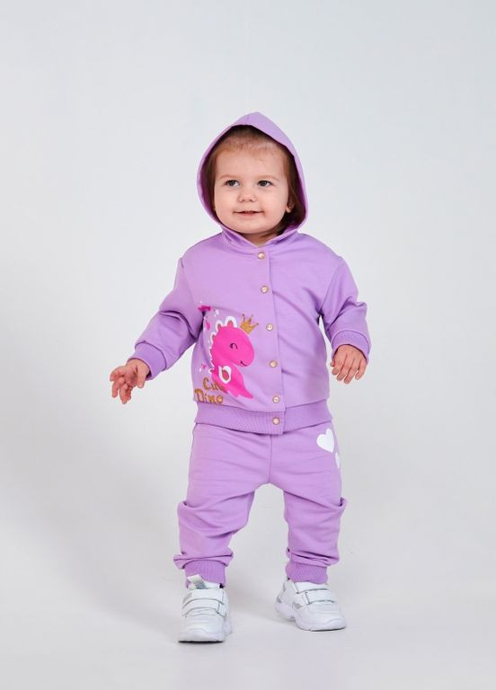 Лиловый детский костюм (свитшот+брюки) | 95% хлопок | демисезон | 80,86 | рисунок милый динозаврик лиловый Smil