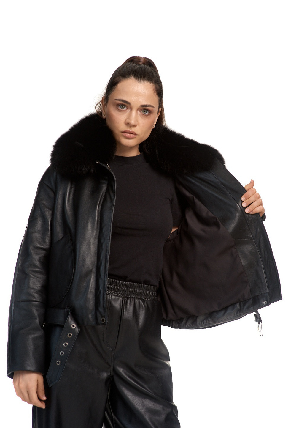 Чорна демісезонна пуховик куртка оверсайз oversize утеплена натуральна шкіра з натуральним зйомним хутром silver fox. весна осінь зима fb-2 чорна Actors