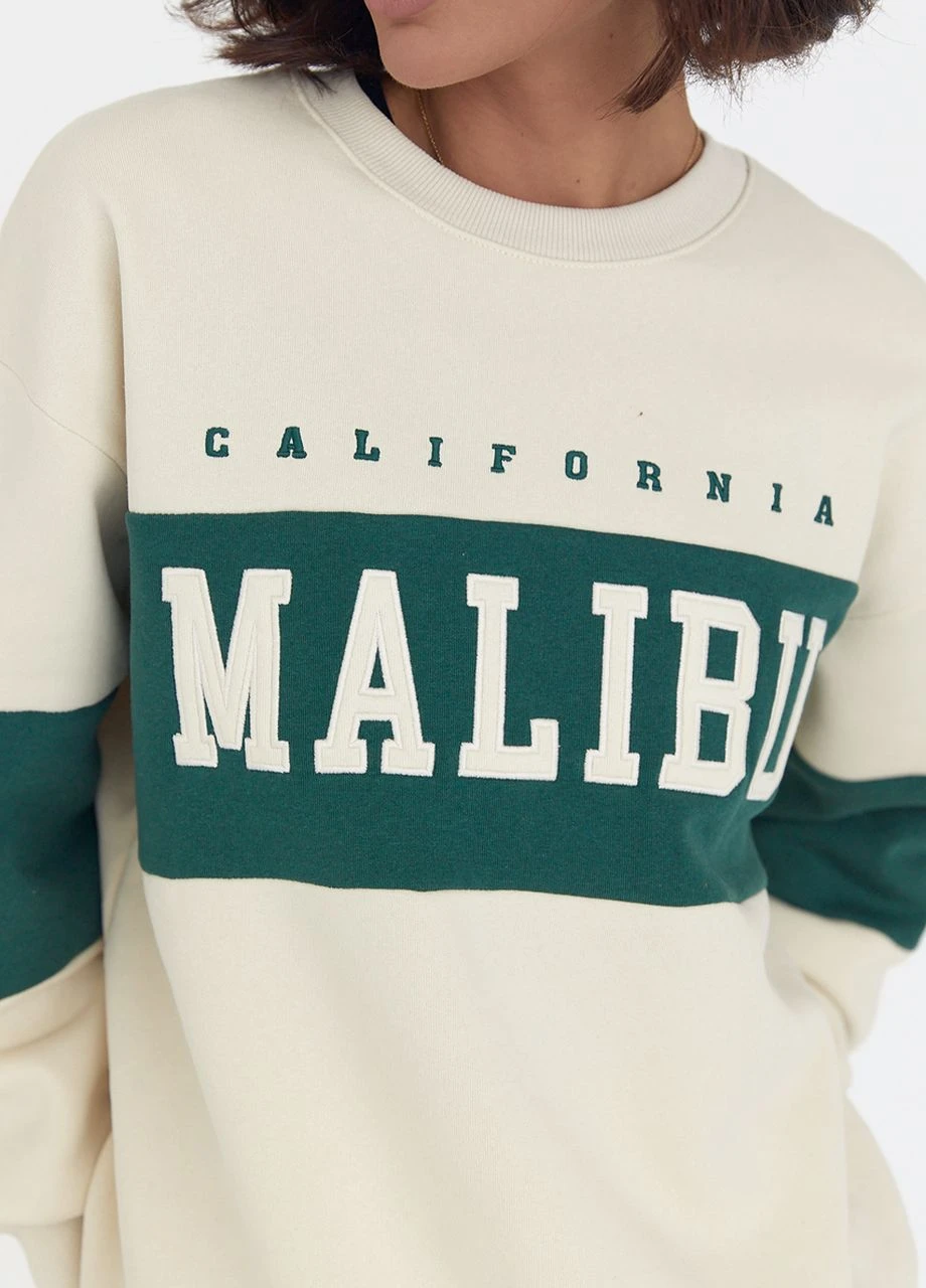 Бежевый теплый молодежный свитшот с надписью malibu - бежевый Lurex (265911652)