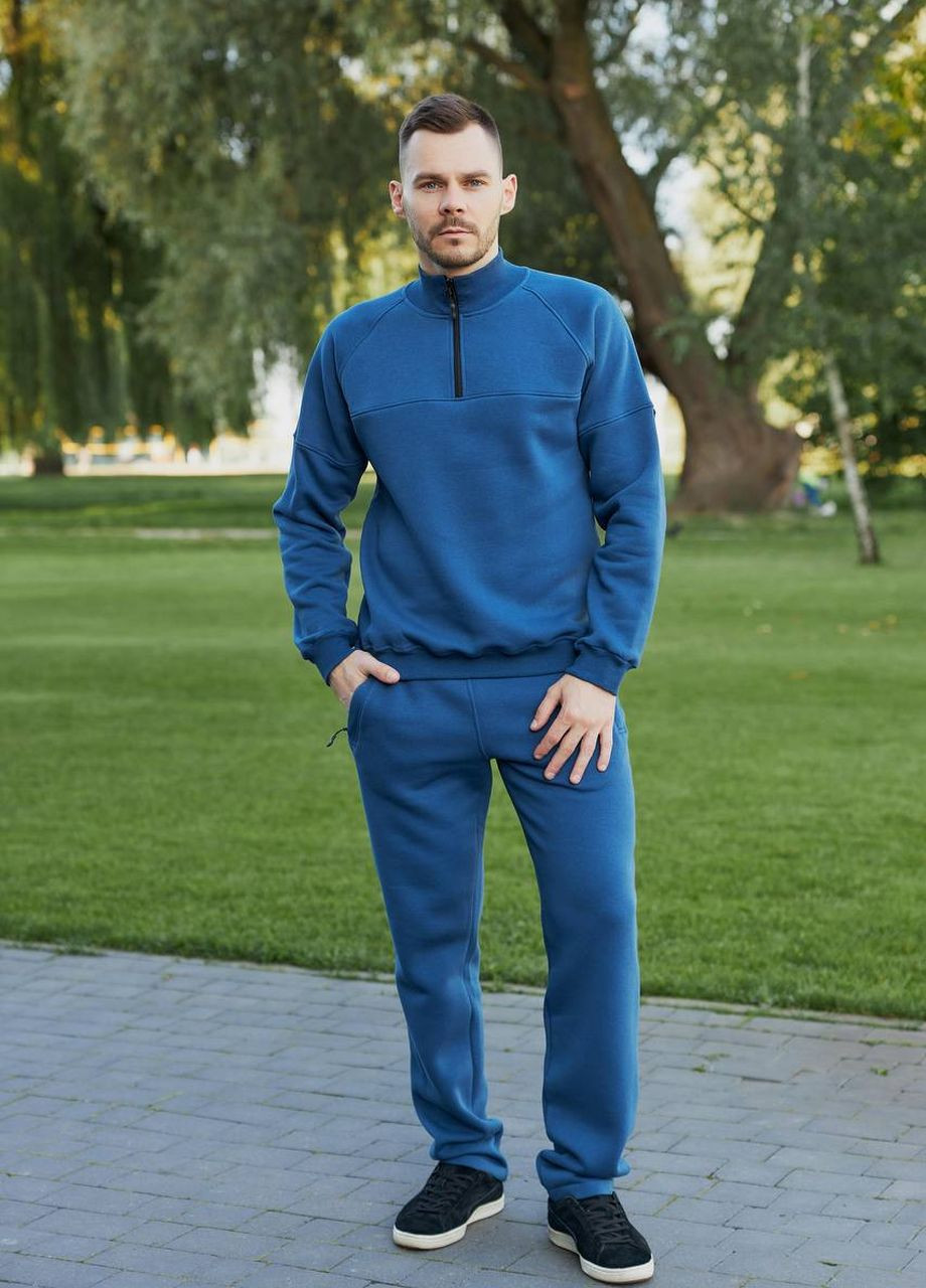 Синій демісезонний теплий спортивний костюм без капюшона з прямими брюками та кофтою під горло, якісний костюм із тринитки на флісі No Brand 141-1