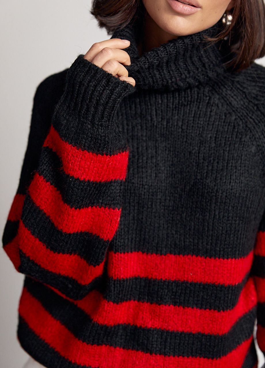Красный зимний вязаный женский свитер в полоску - красный Lurex