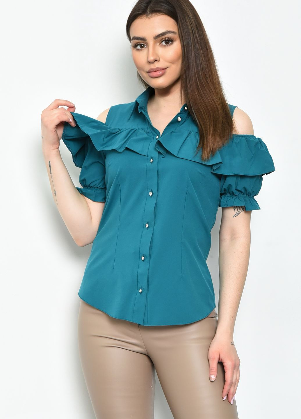 Изумрудная летняя блуза женская однотонная изумрудного цвета с баской Let's Shop
