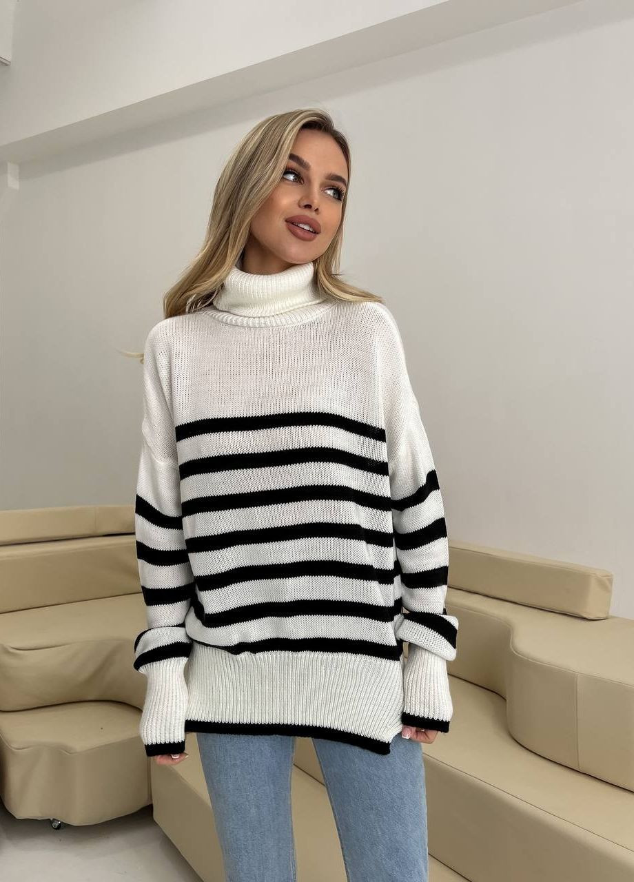 Женский полосатый свитер цвет молочный/черный р.42/46 444017 New Trend (266424218)