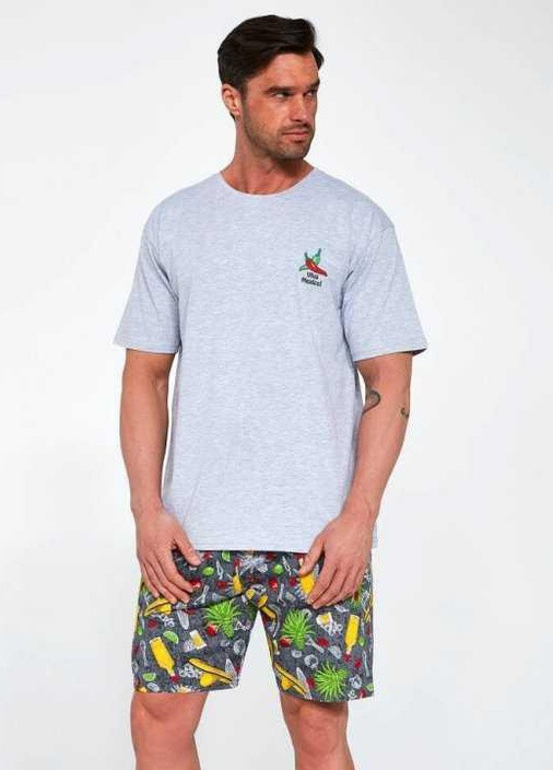 Пижама мужская шорты и футболка с коротким рукавом Серый меланж с принтом 326-21-107 (С) Cornette (257043140)