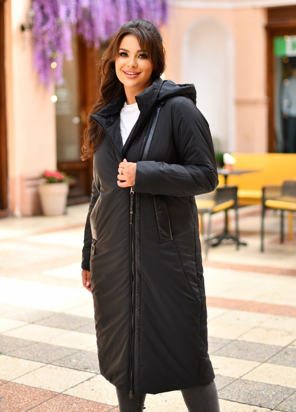 Черное демисезонное Женское длинное пальто за колено 970608 Delfy