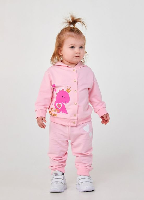 Розовый детский костюм (свитшот+брюки) | 95% хлопок | демисезон | 80,86 | рисунок милый динозаврик розовый Smil