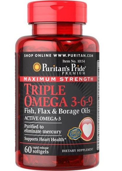 Puritan's Pride Maximum Strength Triple Omega 3-6-9 Fish, Flax & Borage Oils 60 Softgels Puritans Pride (256724647)