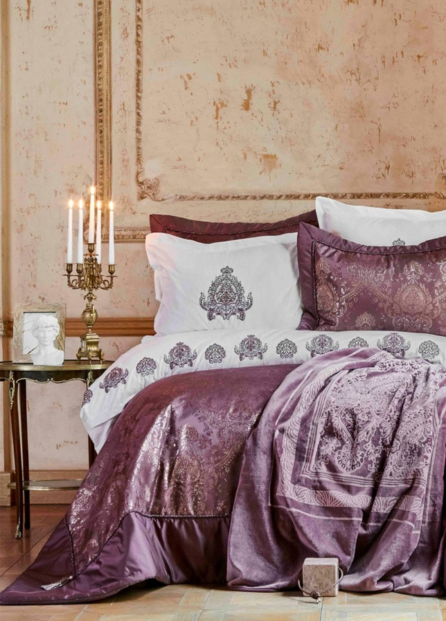 Набор постельное белье с покрывалом + плед - Ilona murdum сиреневый евро (10) Karaca Home (258186355)