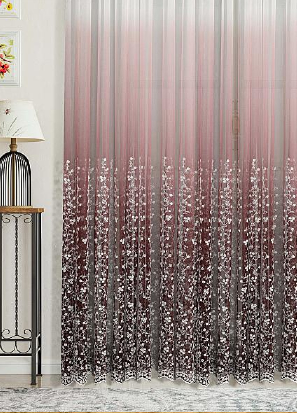 Готовый тюль фатин с вышивкой, градиент вишневый, ширина 250 см, высота 200 см No Brand (259215333)