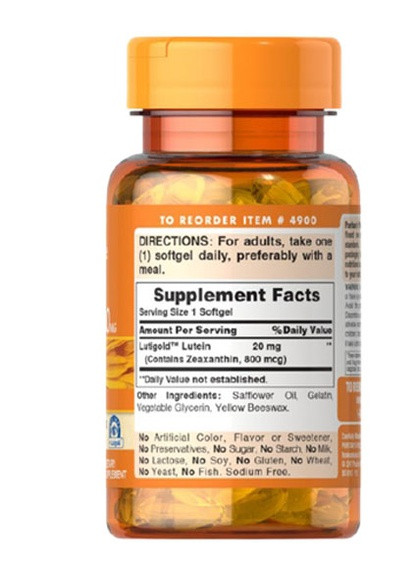 Puritan's Pride Lutein 20 mg with Zeaxanthin 60 Softgels Puritans Pride (256719884)