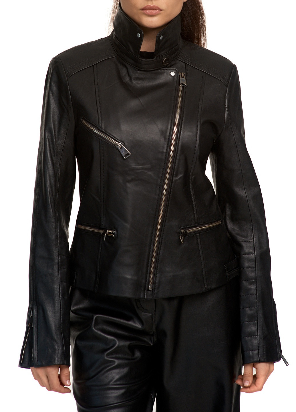 Чорна демісезонна жіноча шкіряна куртка косуха натуральна шкіра. весна осінь демісезон fer-a-27 чорна Actors