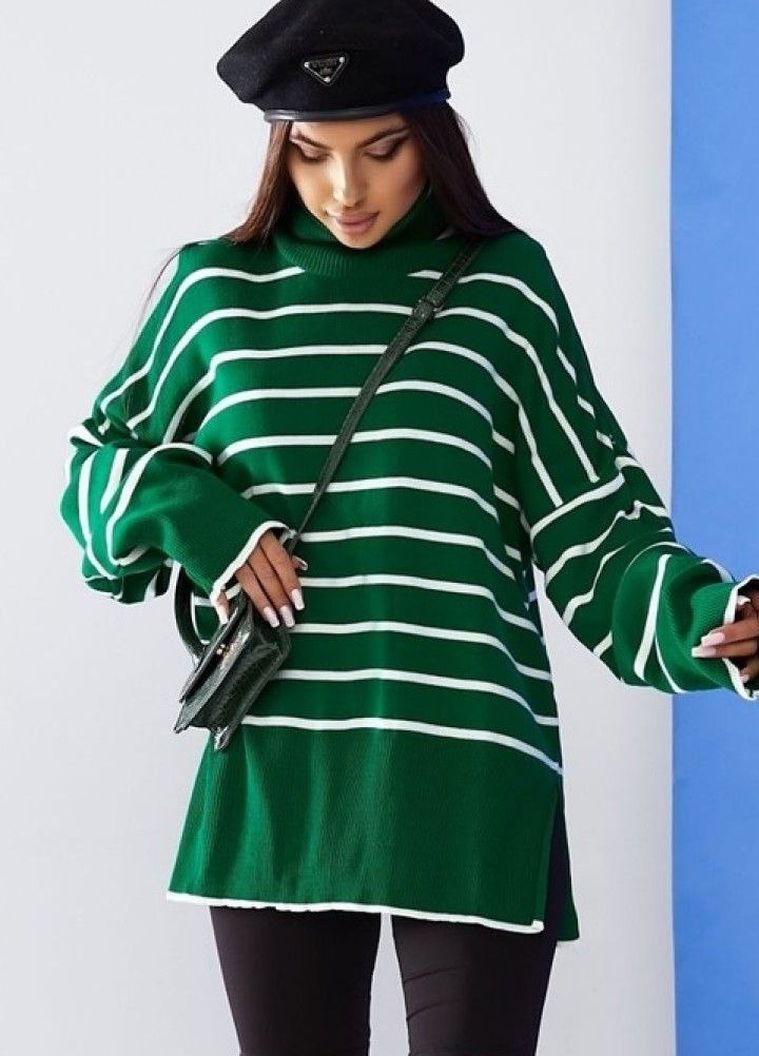 Зелений светр туніка у смужку з горловиною зелений No Brand
