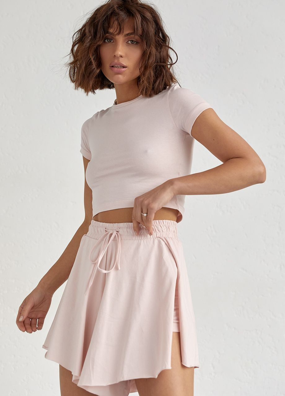 Трикотажный женский комплект с футболкой и шортами - пудра Lurex (262810633)