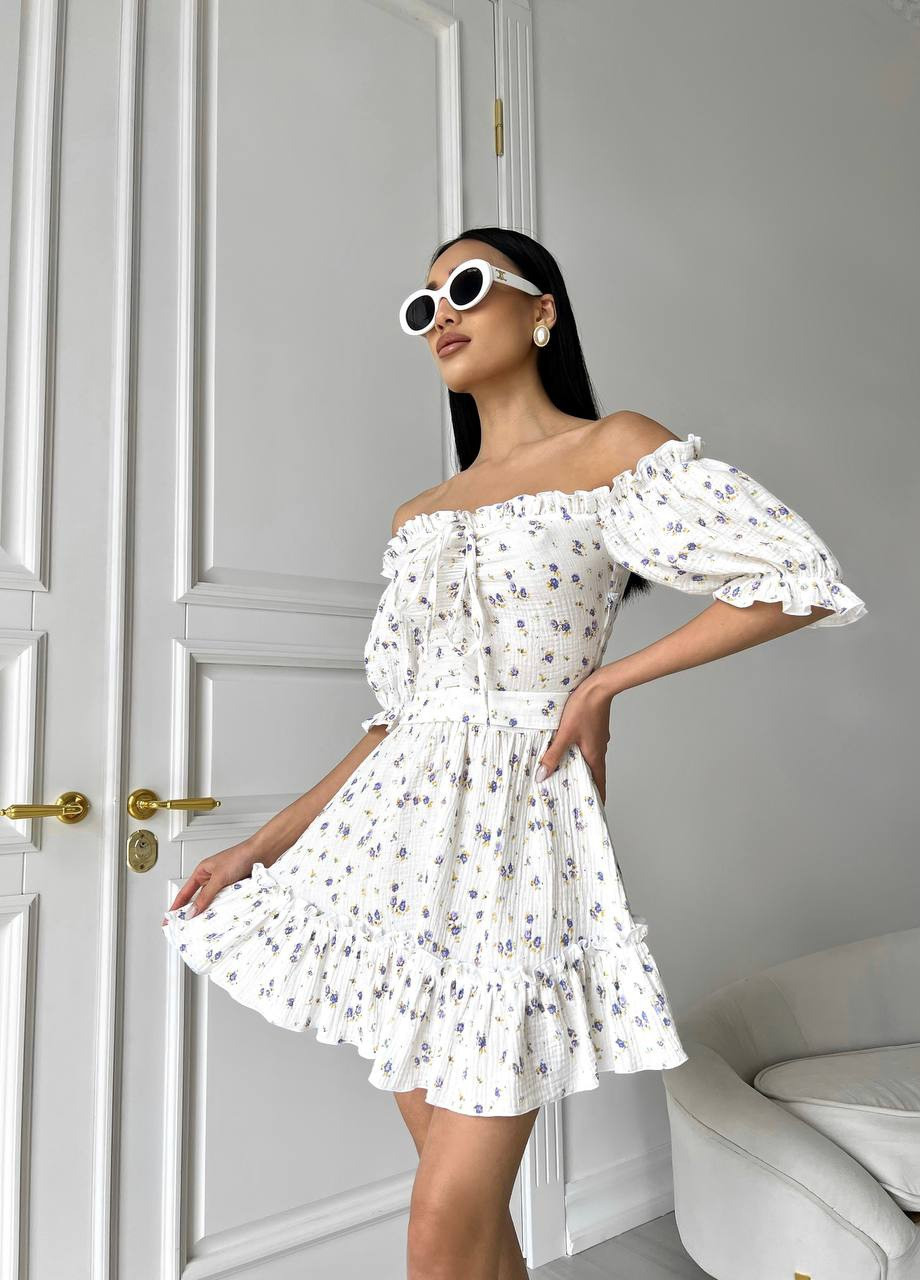 Белое женское летнее платье из муслина цвет молоко-фиолетовый р.42/44 437173 New Trend