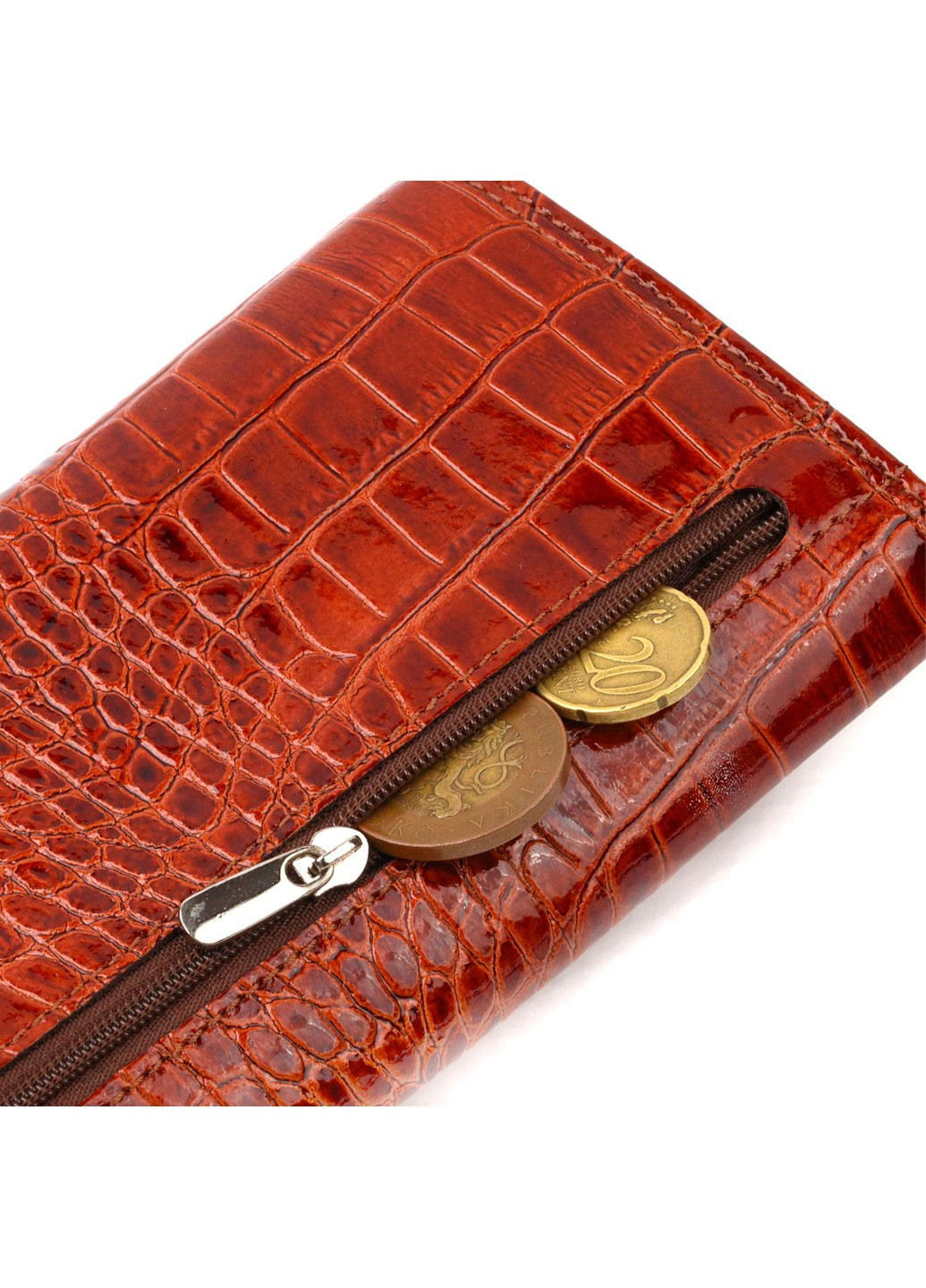 Жіночий гаманець з лакованої натуральної шкіри з тисненням під крокодила 21705 Коричневий Canpellini (259874147)