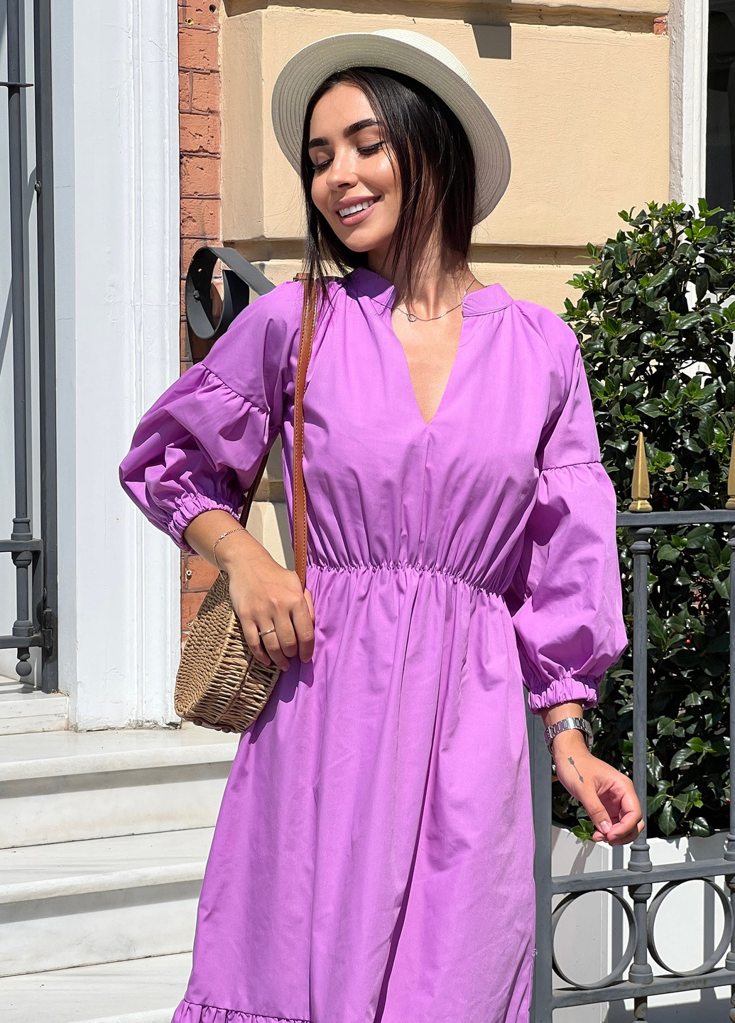 Фиолетовое кэжуал стильное летнее хлопковое платье меди колокол INNOE однотонное