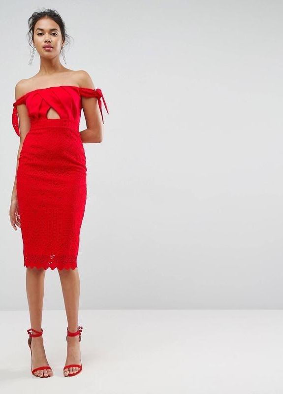 Червона сукня міди з мереживом та зав'язками на плечах bardot Asos