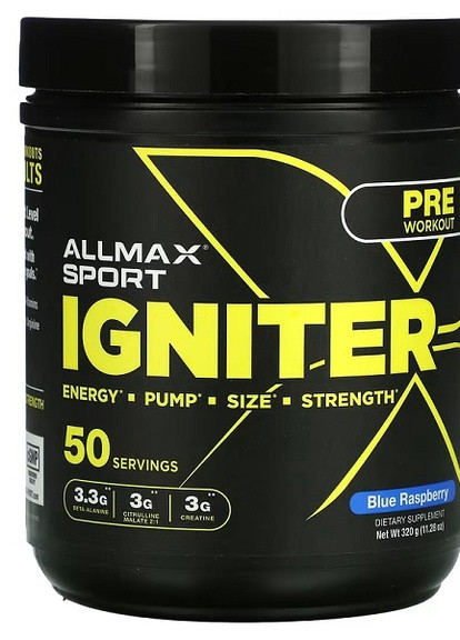 Igniter, Pre-Workout 320 g /50 servings/ Blue Raspberry ALLMAX Nutrition (258499401)