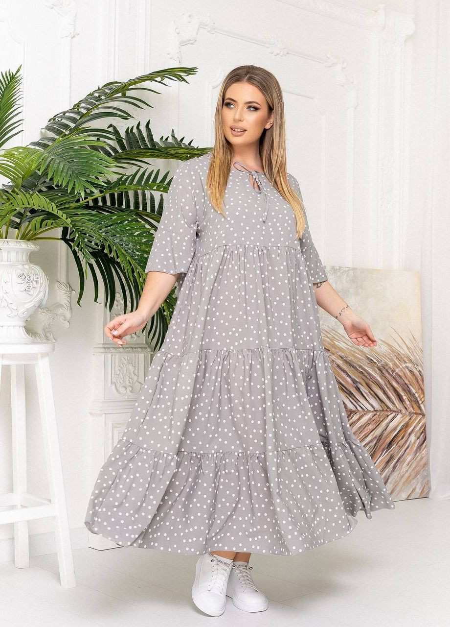 Світло-сіра жіноча довга сукня в горошок сірого кольору р.50/54 359128 New Trend