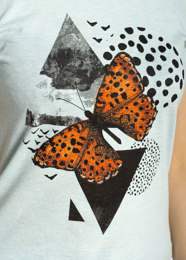 Бесцветная летняя футболка женская с бабочкой (бирюзовый меланж) Time of Style