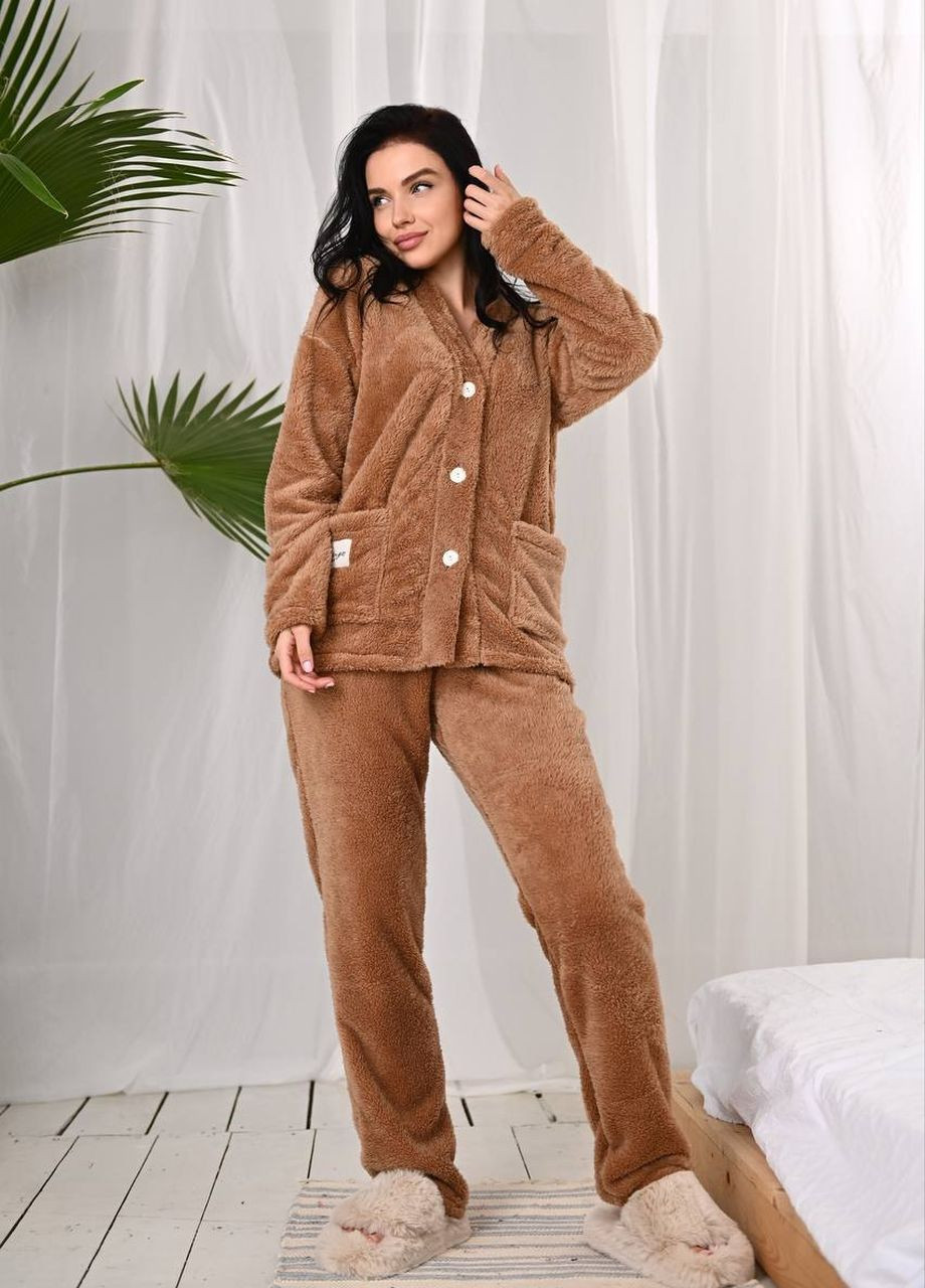 Бежевая всесезон женская пижама махра No Brand