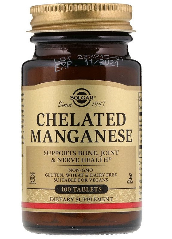 Марганець хелат Chelated Manganese 100 Tablets Solgar (257169862)