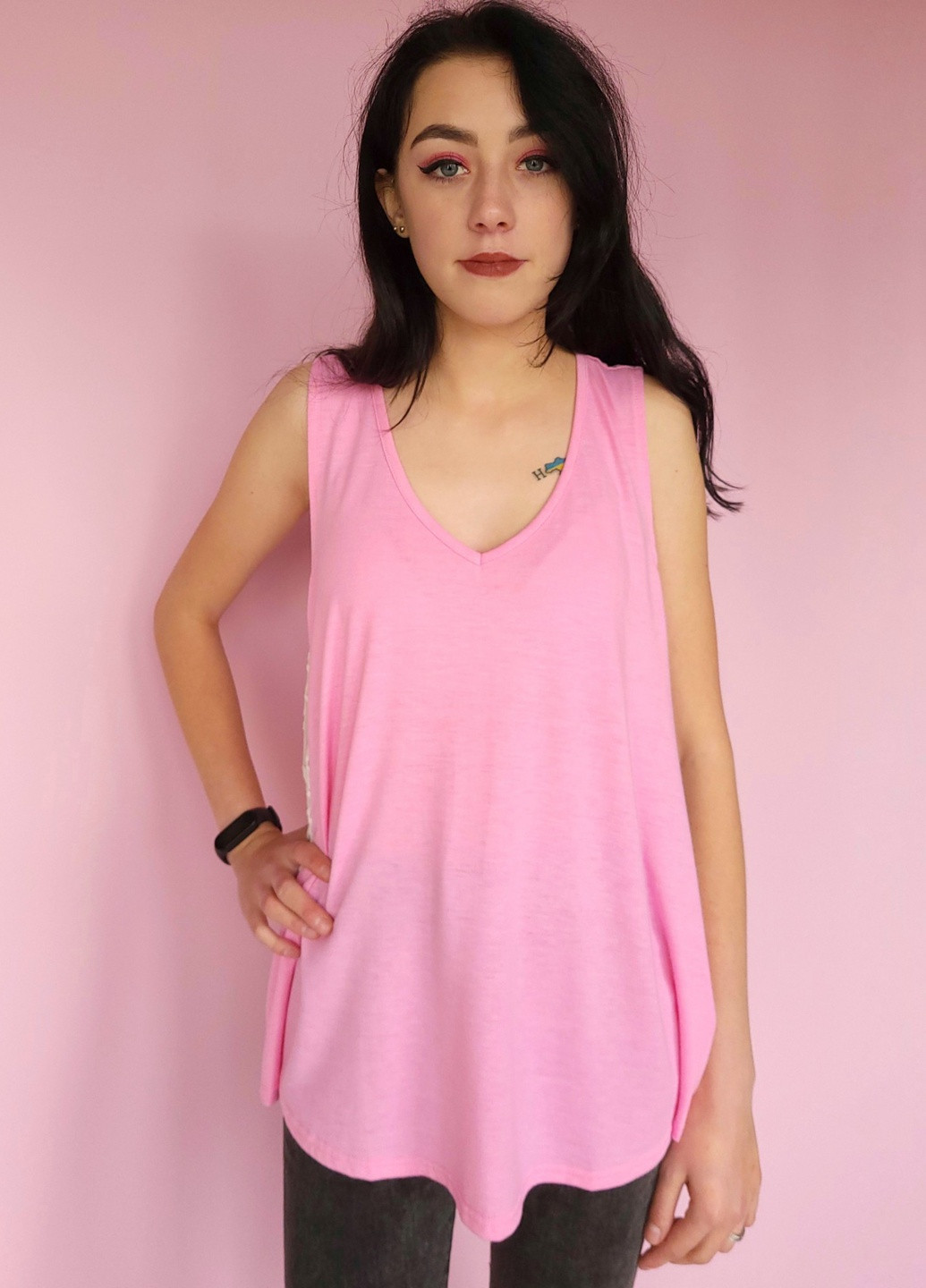 Майка женская удлиненная розовая со вставками гипюра 566 XL (48) G&N — 258349924