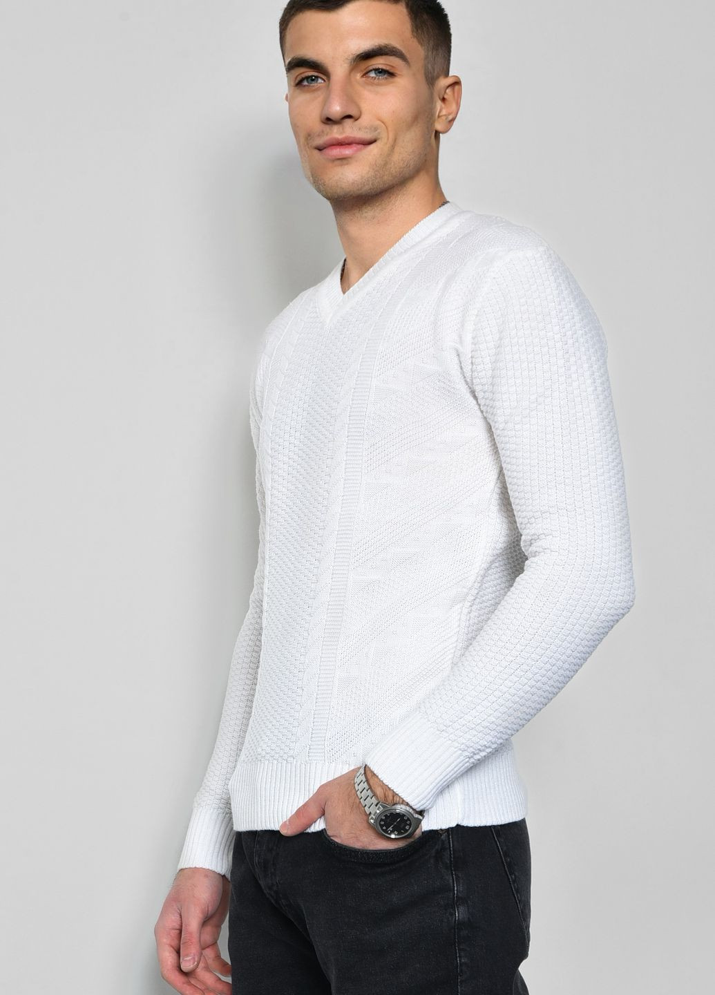 Белый демисезонный свитер мужской однотонный белого цвета пуловер Let's Shop