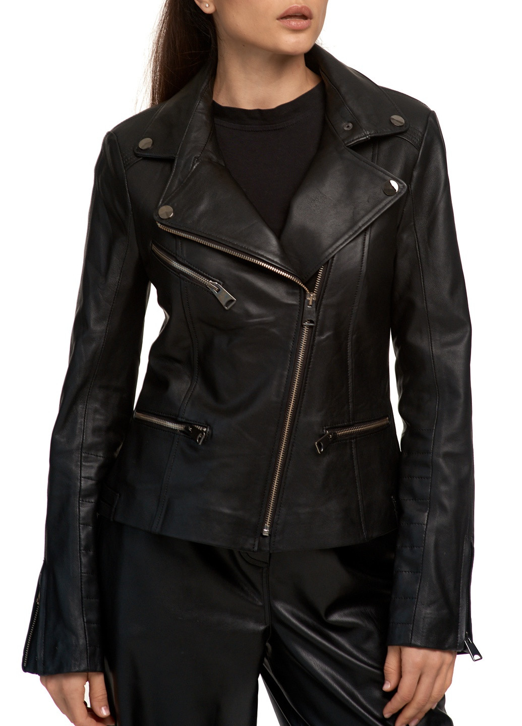 Чорна демісезонна жіноча шкіряна куртка косуха натуральна шкіра. весна осінь демісезон fer-a-27 чорна Actors