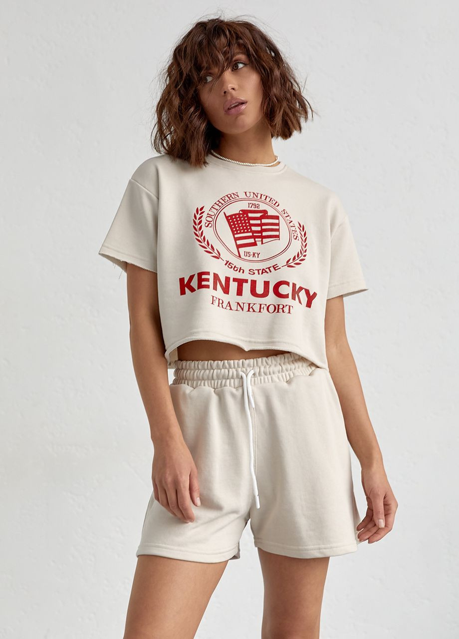 Женский спортивный комплект с шортами и футболкой - бежевый Lurex (262810610)