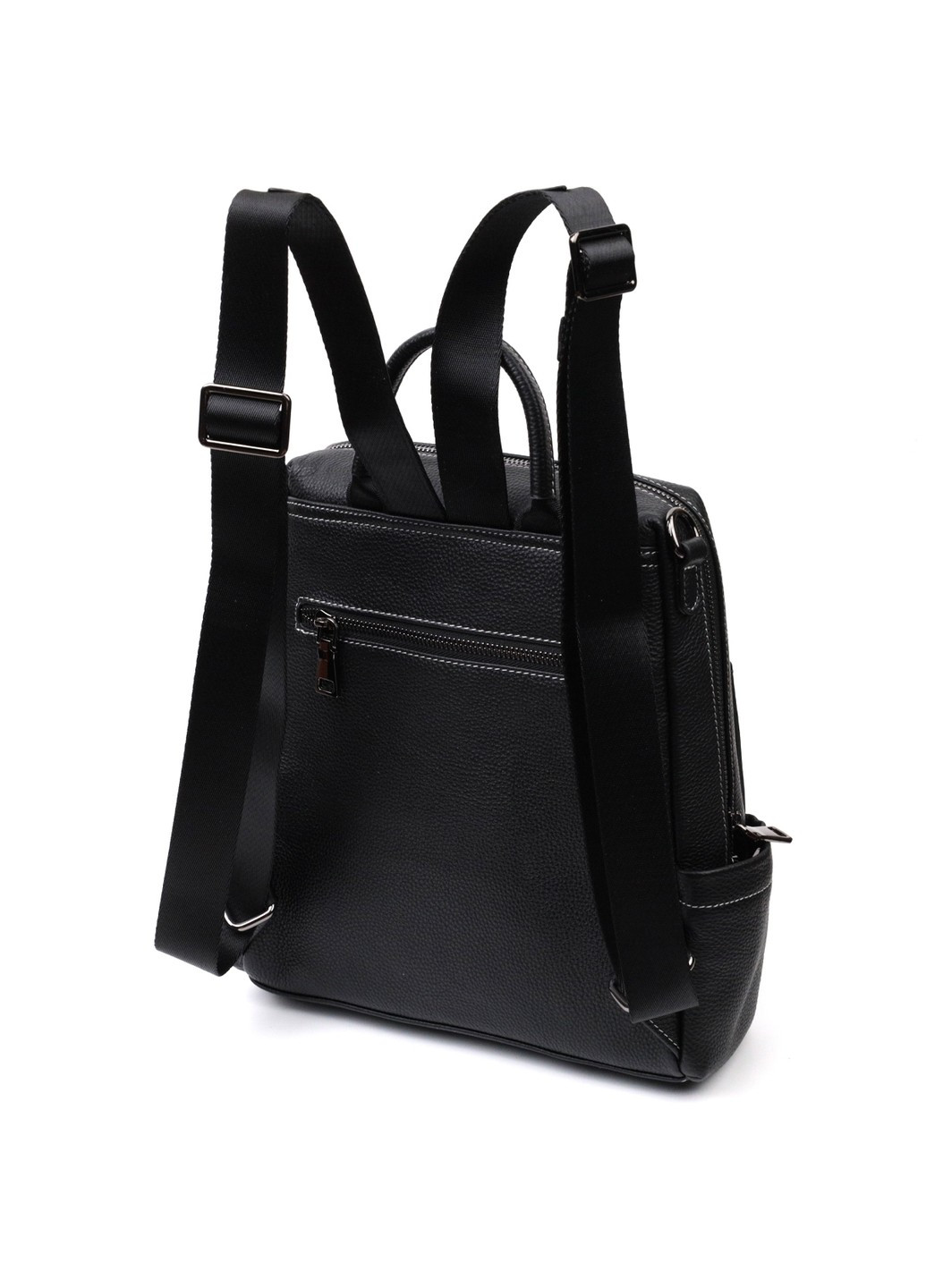 Місткий жіночий рюкзак-сумка прошитий білим рядком з натуральної шкіри 22314 Чорний Vintage (276457472)