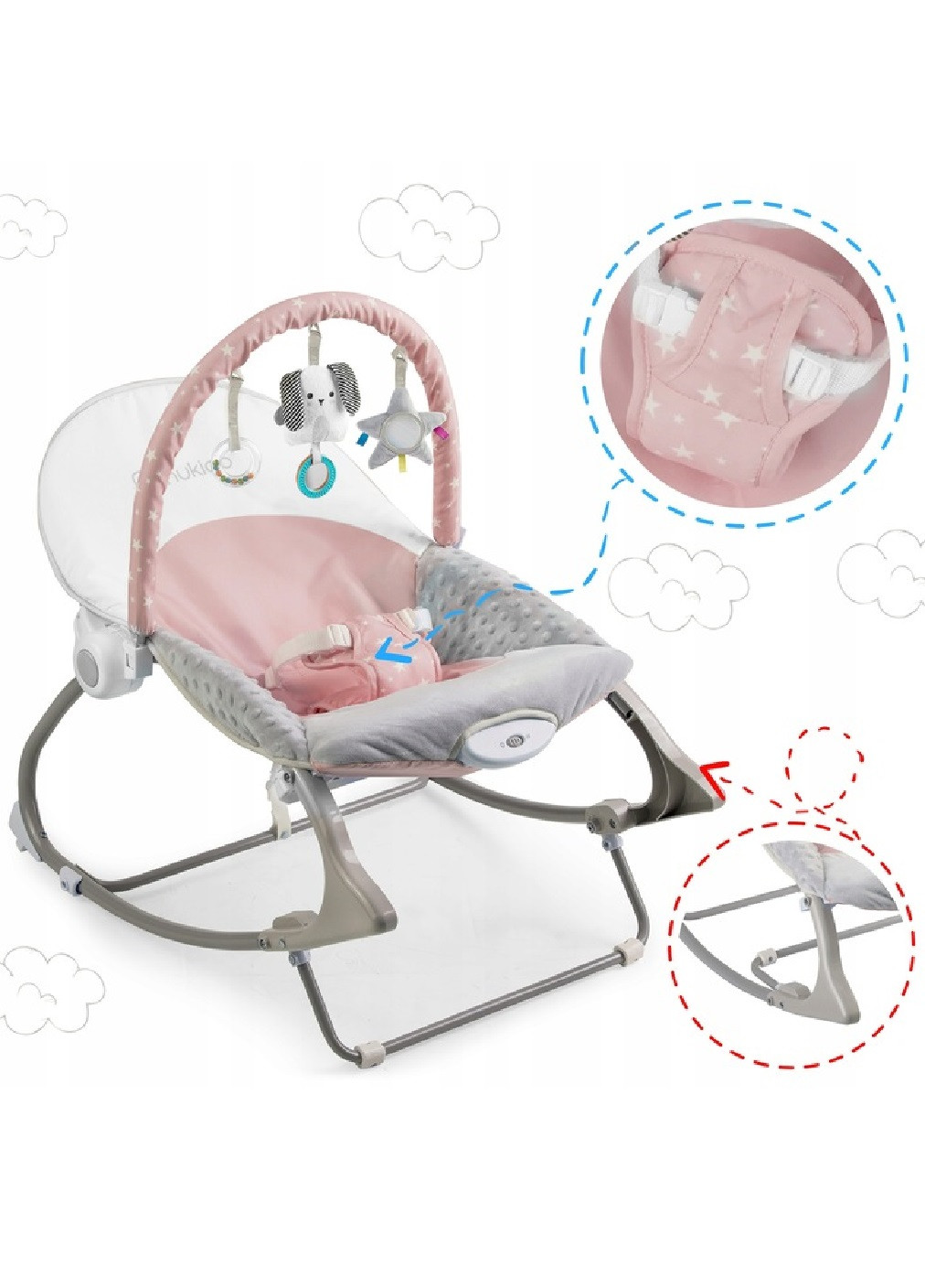 Дитяче крісло гойдалка шезлонг багатофункціональне для дітей малюків з вібрацією 62х48 см (475198-Prob) Рожеве Unbranded (263056525)